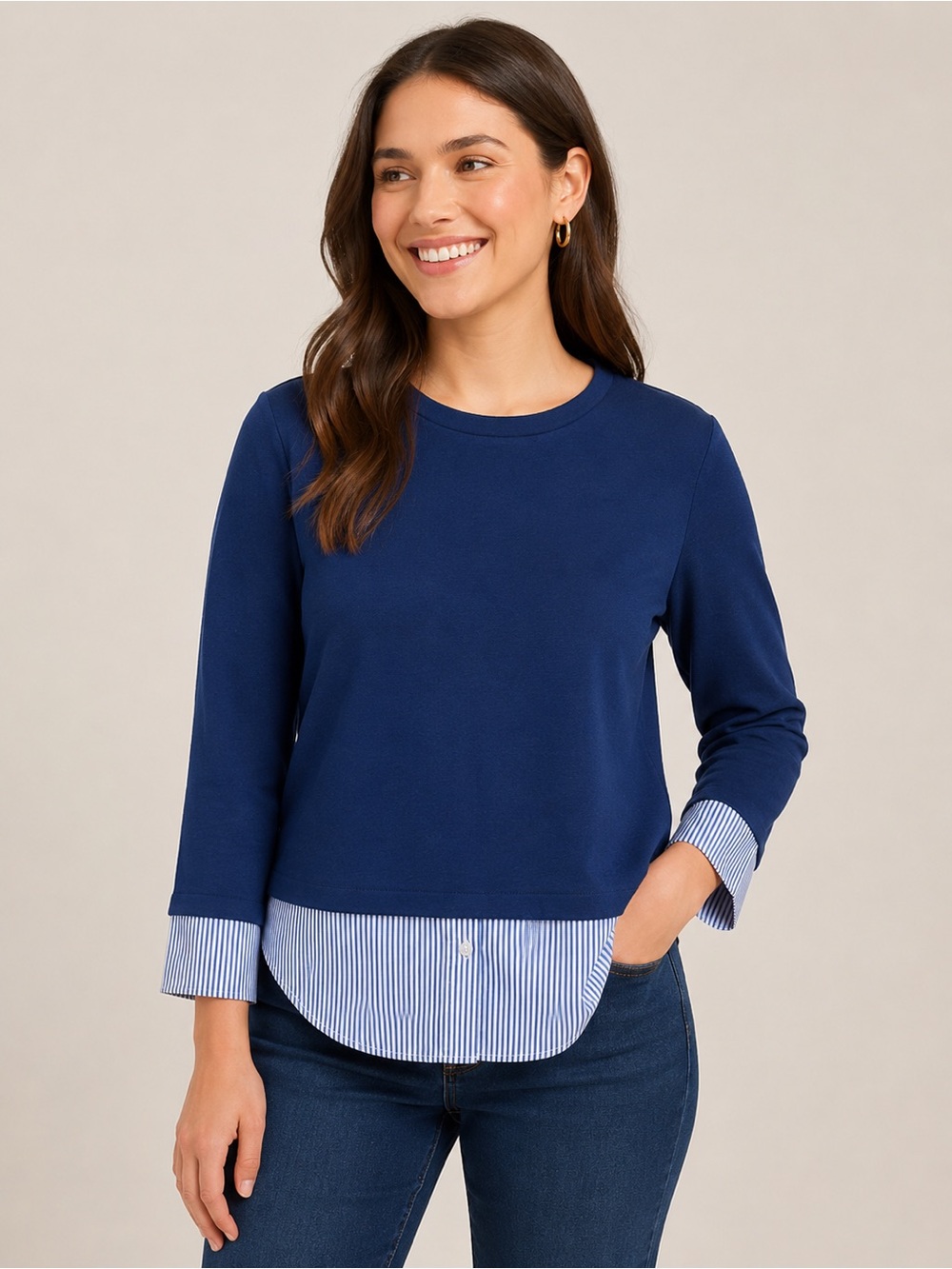Ann Taylor Layered Mix Media Sweater Top Womens XS Petite Blue